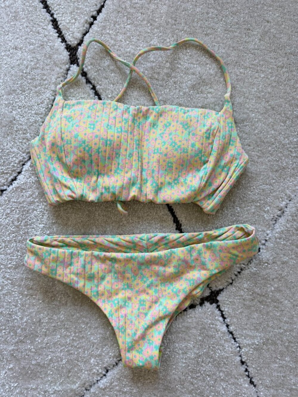 RVCA Floral Bikini Set Size Small Pink Green Ribbed Two-Piece Swimwear